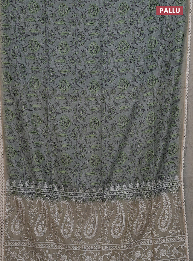 Semi chanderi saree grey and green beige with allover prints and embroidery pallu