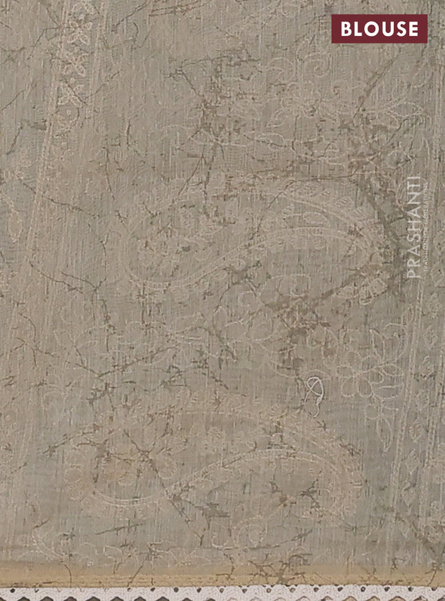 Semi chanderi saree grey and green beige with allover prints and embroidery pallu