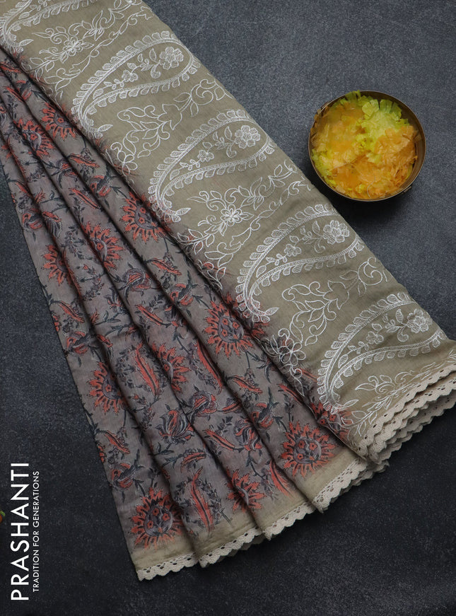 Semi chanderi saree grey and orange beige with allover prints and embroidery pallu