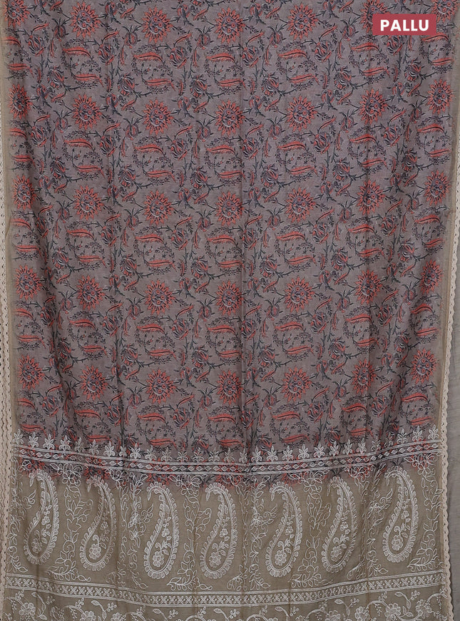 Semi chanderi saree grey and orange beige with allover prints and embroidery pallu