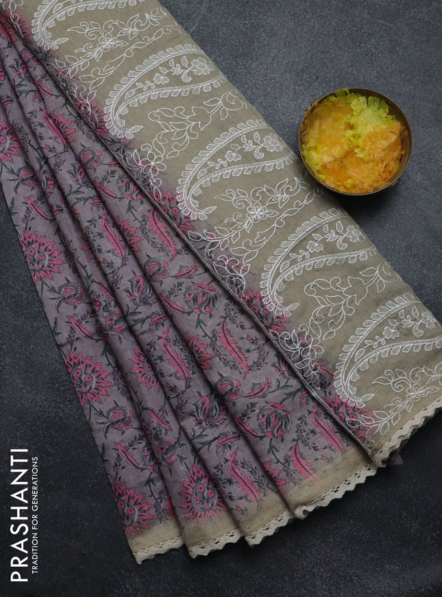 Semi chanderi saree grey and pink beige with allover prints and embroidery pallu