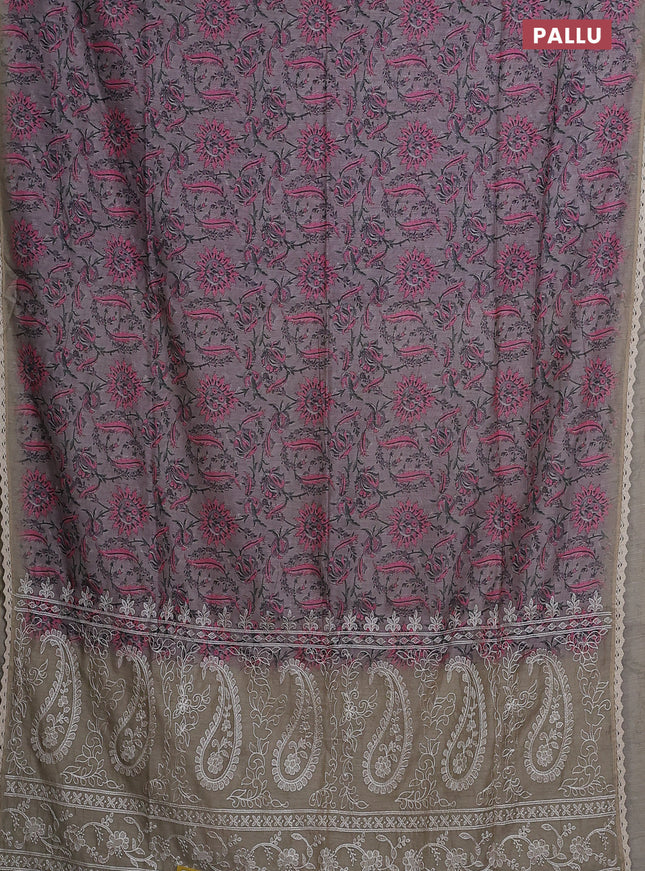Semi chanderi saree grey and pink beige with allover prints and embroidery pallu
