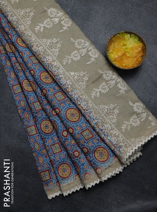 Semi chanderi saree blue and beige with allover ajrakh prints and embroidery pallu