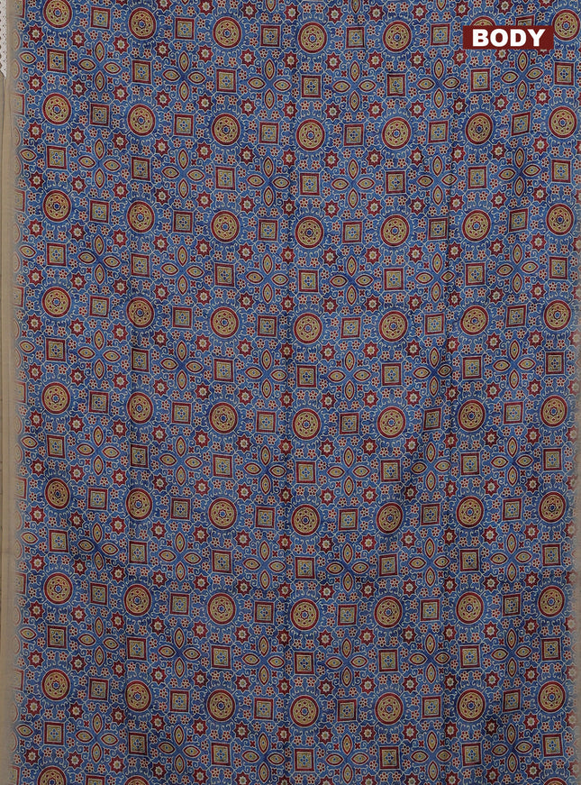 Semi chanderi saree blue and beige with allover ajrakh prints and embroidery pallu