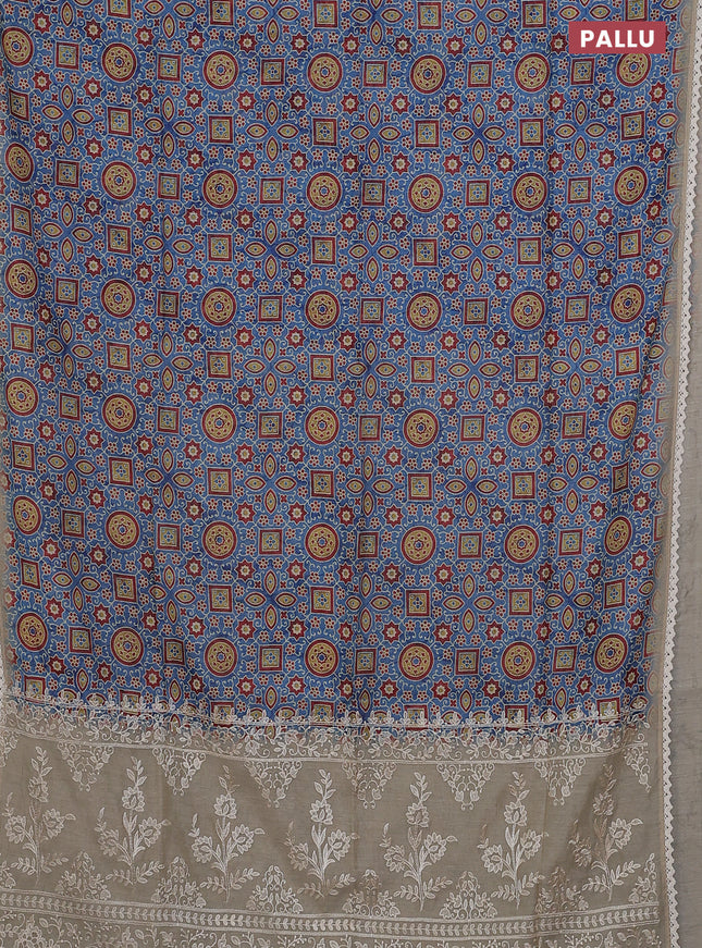 Semi chanderi saree blue and beige with allover ajrakh prints and embroidery pallu