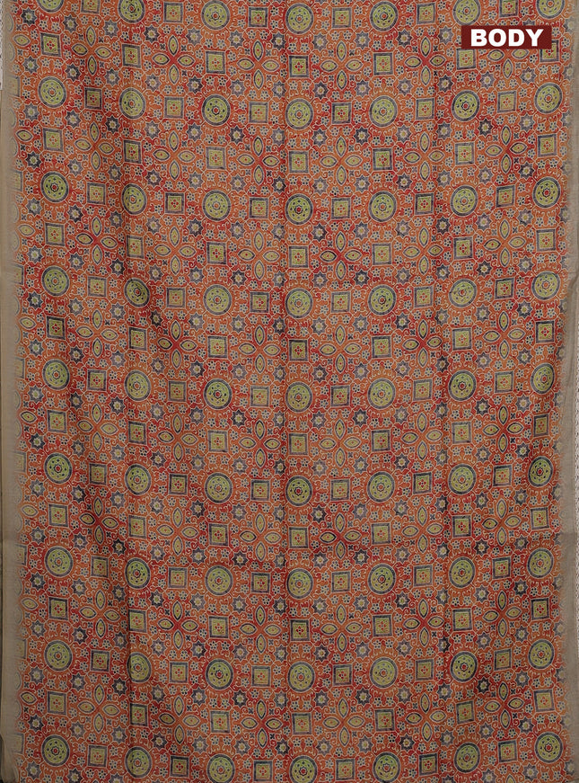 Semi chanderi saree orange and beige with allover ajrakh prints and embroidery pallu