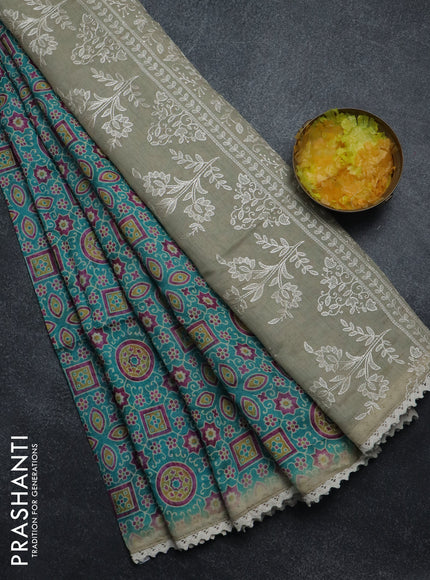 Semi chanderi saree teal blue and beige with allover ajrakh prints and embroidery pallu