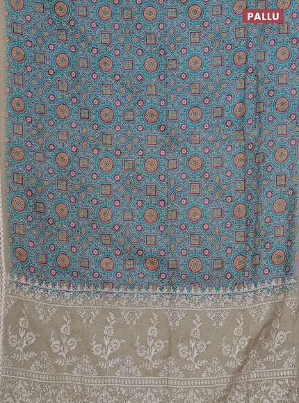 Semi chanderi saree teal blue and beige with allover ajrakh prints and embroidery pallu