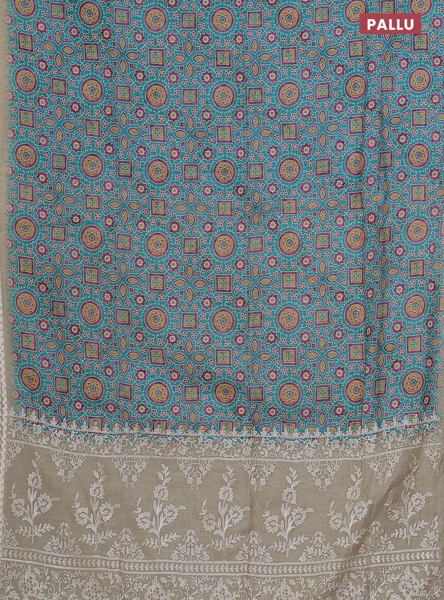 Semi chanderi saree teal blue and beige with allover ajrakh prints and embroidery pallu