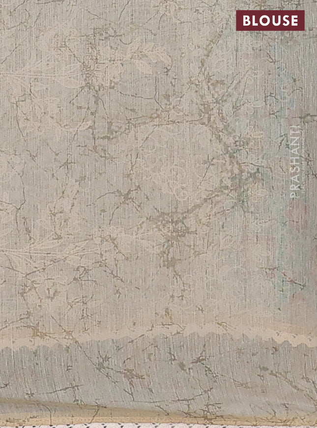 Semi chanderi saree teal blue and beige with allover ajrakh prints and embroidery pallu