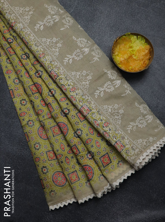 Semi chanderi saree lime green and beige with allover ajrakh prints and embroidery pallu