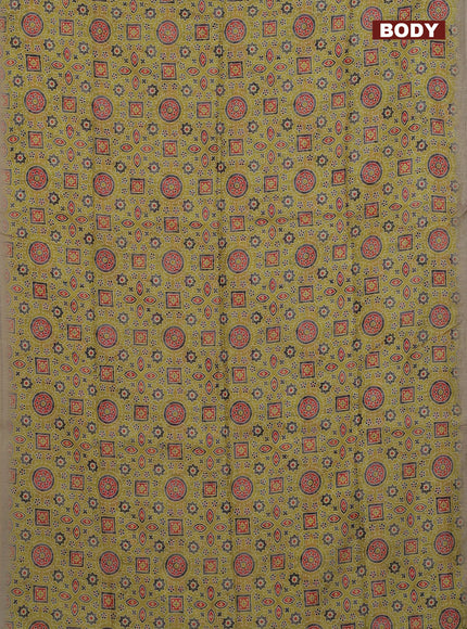 Semi chanderi saree lime green and beige with allover ajrakh prints and embroidery pallu