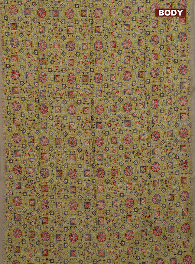 Semi chanderi saree lime green and beige with allover ajrakh prints and embroidery pallu