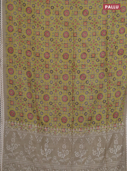Semi chanderi saree lime green and beige with allover ajrakh prints and embroidery pallu