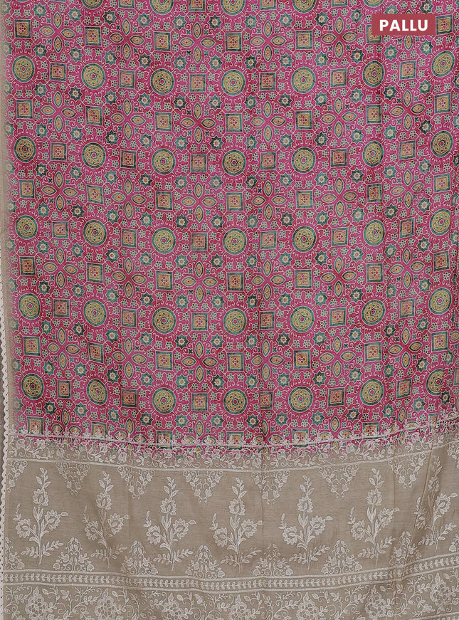Semi chanderi saree pink and beige with allover ajrakh prints and embroidery pallu