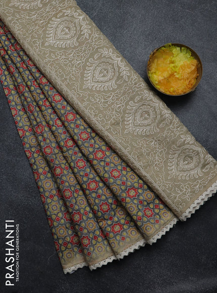 Semi chanderi saree grey and beige with allover ajrakh prints and embroidery pallu