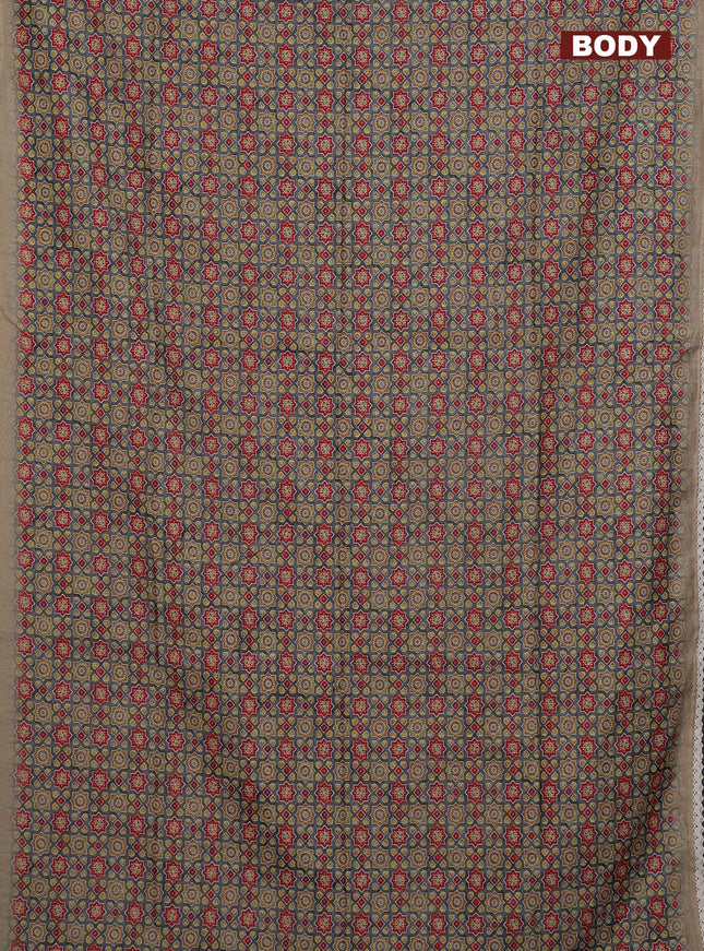 Semi chanderi saree grey and beige with allover ajrakh prints and embroidery pallu