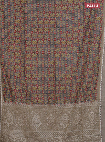 Semi chanderi saree grey and beige with allover ajrakh prints and embroidery pallu