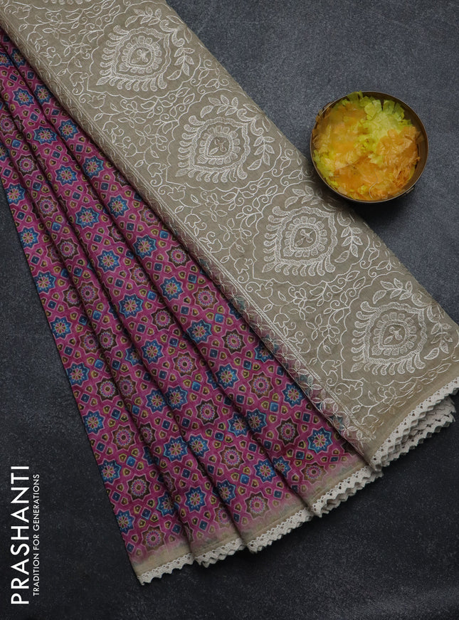 Semi chanderi saree pink and beige with allover ajrakh prints and embroidery pallu