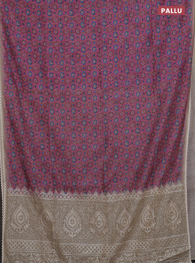 Semi chanderi saree pink and beige with allover ajrakh prints and embroidery pallu