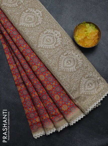 Semi chanderi saree red and beige with allover ajrakh prints and embroidery pallu