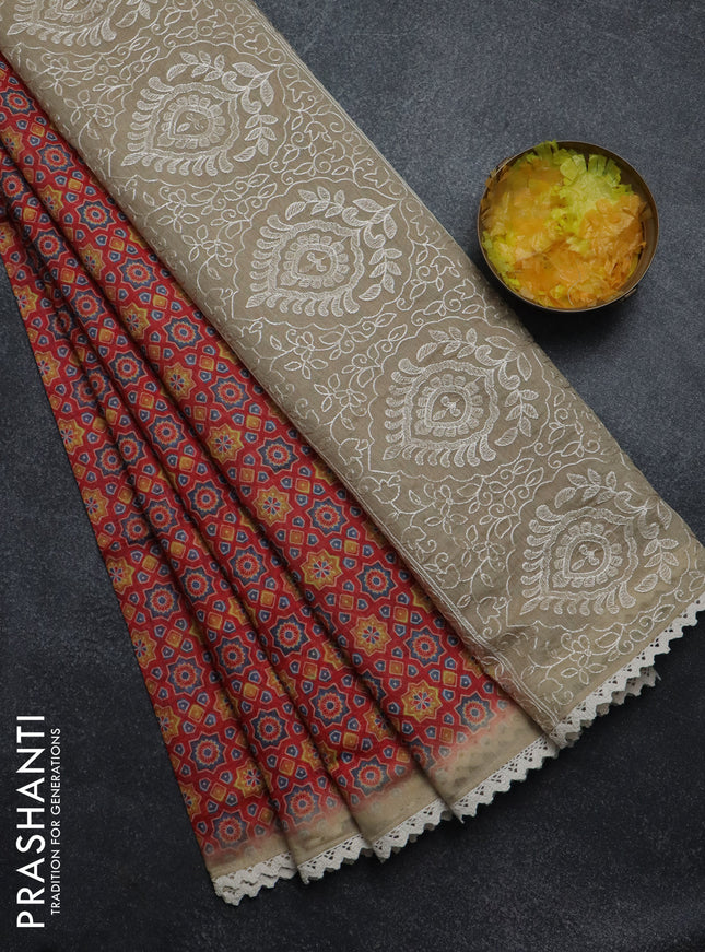 Semi chanderi saree red and beige with allover ajrakh prints and embroidery pallu