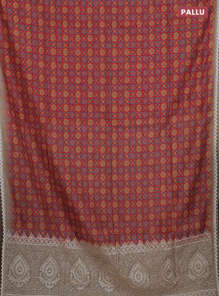 Semi chanderi saree red and beige with allover ajrakh prints and embroidery pallu