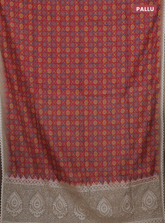 Semi chanderi saree red and beige with allover ajrakh prints and embroidery pallu