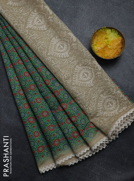 Semi chanderi saree green and beige with allover ajrakh prints and embroidery pallu