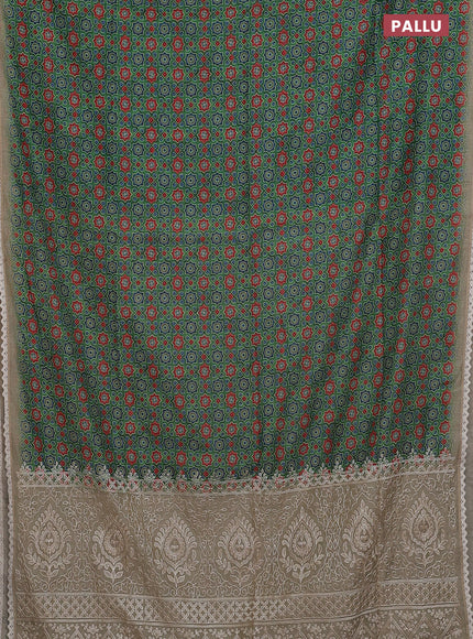 Semi chanderi saree green and beige with allover ajrakh prints and embroidery pallu