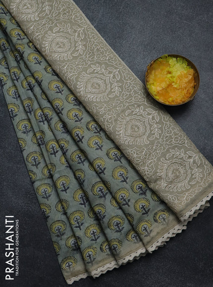 Semi chanderi saree grey yellow and beige with floral butta prints and embroidery pallu