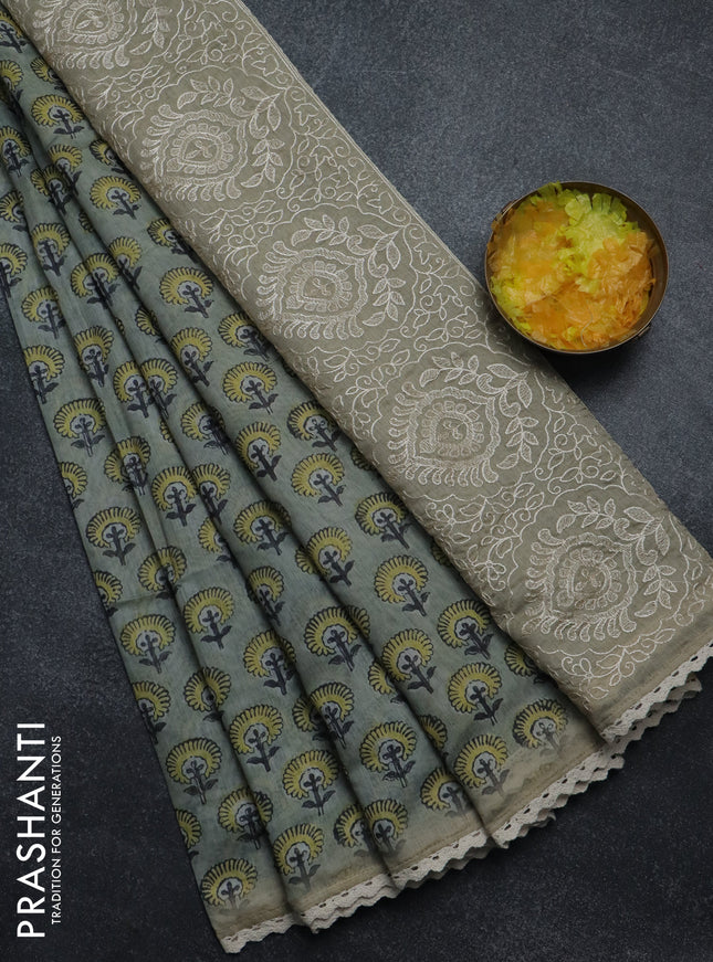 Semi chanderi saree grey yellow and beige with floral butta prints and embroidery pallu
