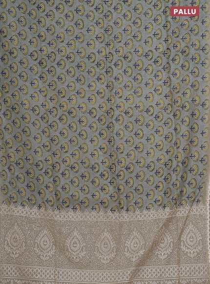 Semi chanderi saree grey yellow and beige with floral butta prints and embroidery pallu