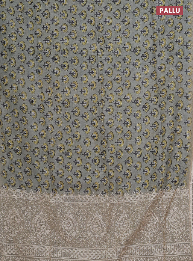 Semi chanderi saree grey yellow and beige with floral butta prints and embroidery pallu