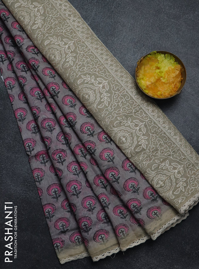 Semi chanderi saree grey pink and beige with floral butta prints and embroidery pallu