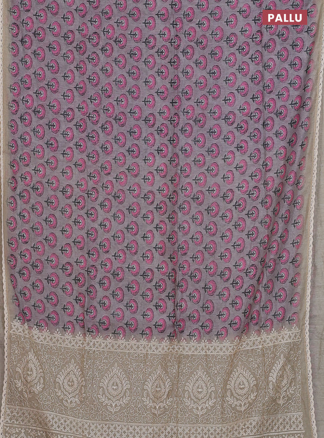 Semi chanderi saree grey pink and beige with floral butta prints and embroidery pallu