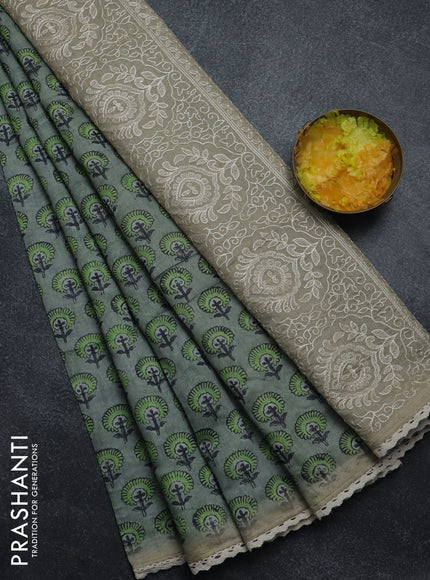 Semi chanderi saree grey green and beige with floral butta prints and embroidery pallu
