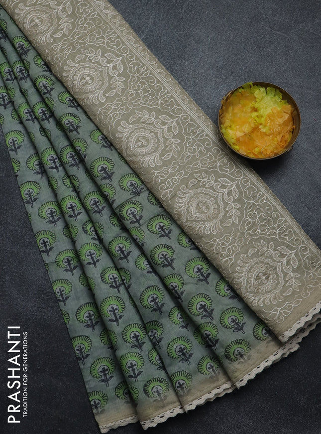 Semi chanderi saree grey green and beige with floral butta prints and embroidery pallu