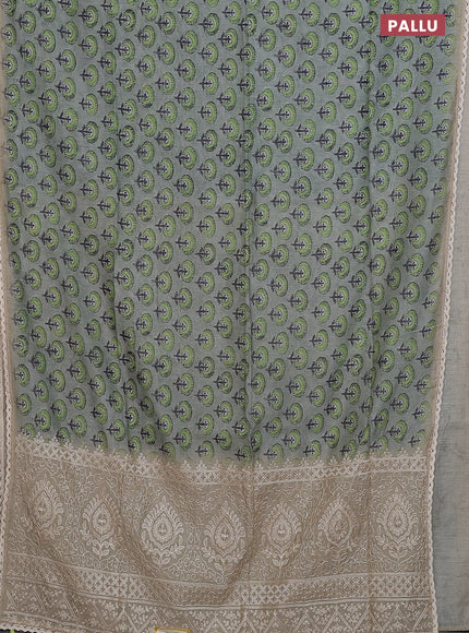 Semi chanderi saree grey green and beige with floral butta prints and embroidery pallu