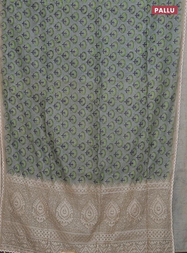 Semi chanderi saree grey green and beige with floral butta prints and embroidery pallu