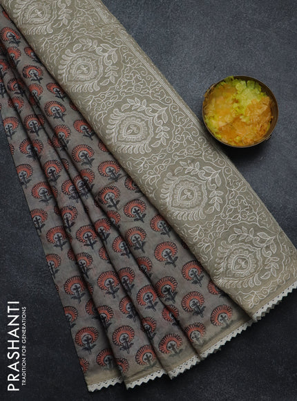Semi chanderi saree grey orange and beige with floral butta prints and embroidery pallu