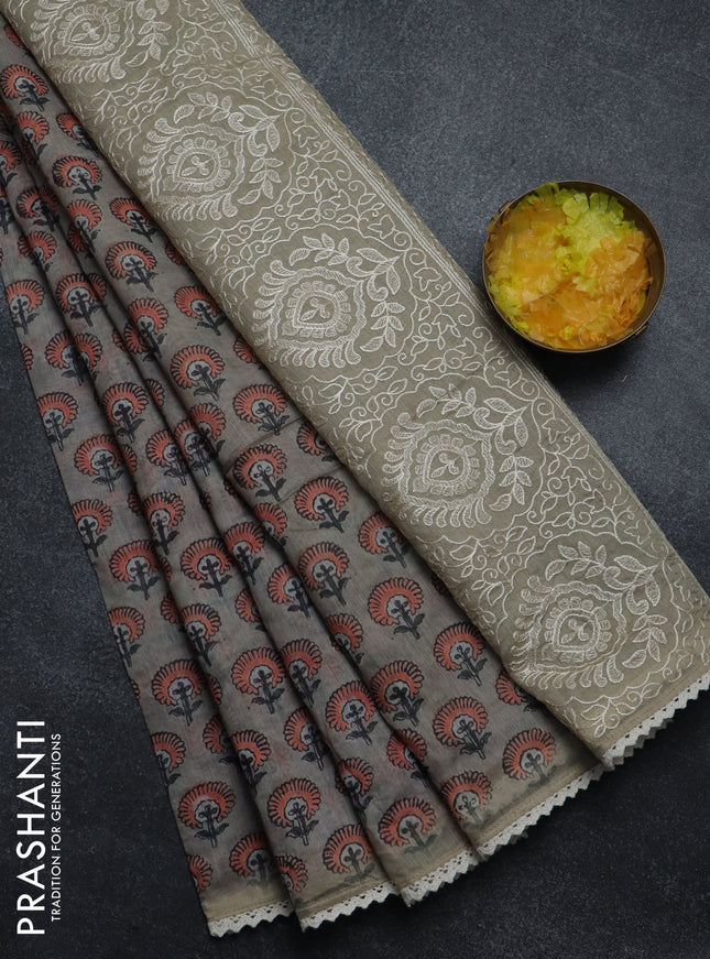 Semi chanderi saree grey orange and beige with floral butta prints and embroidery pallu
