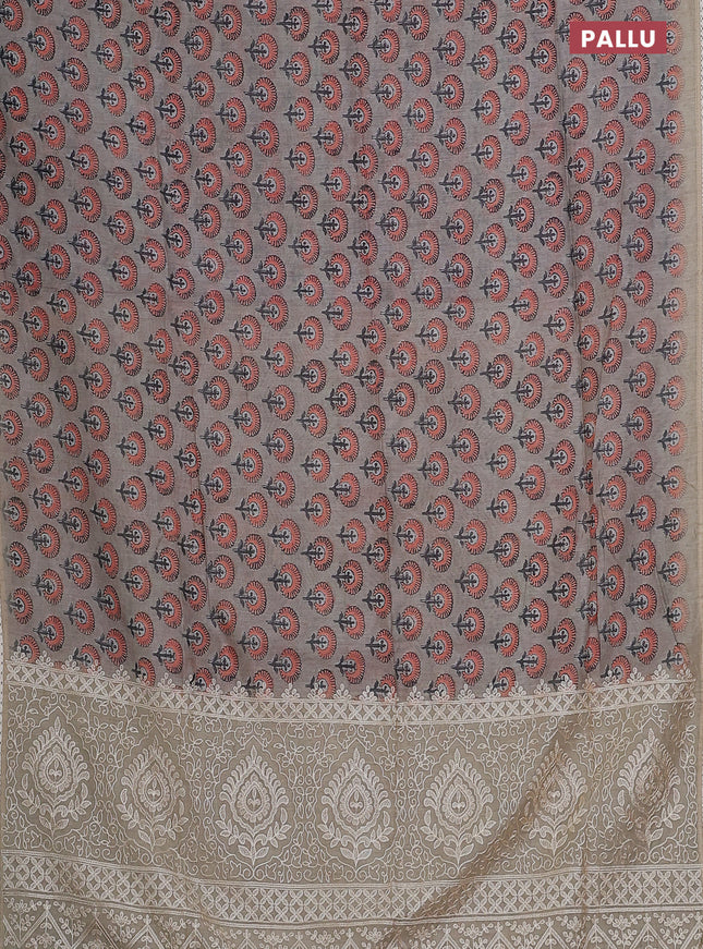 Semi chanderi saree grey orange and beige with floral butta prints and embroidery pallu