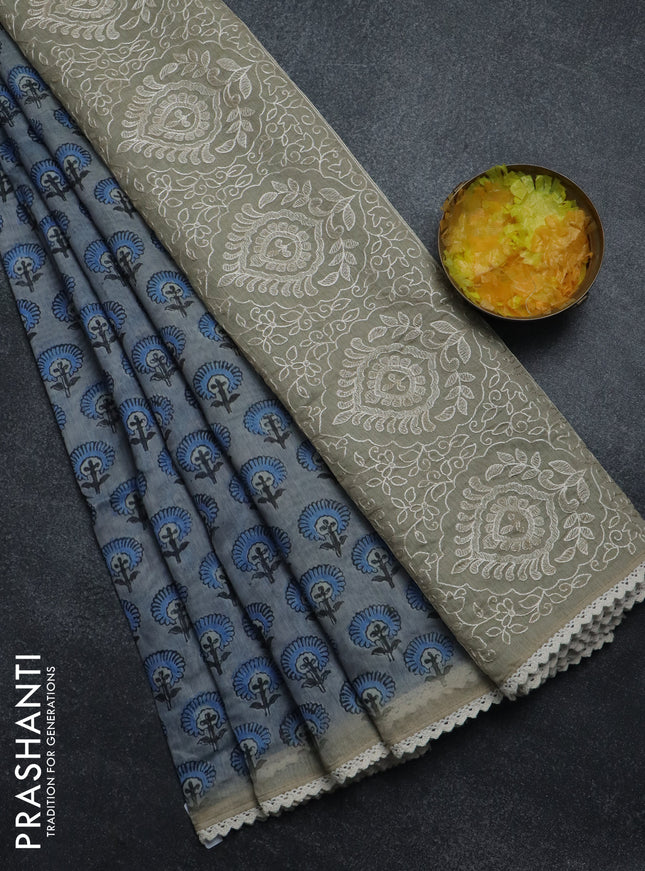 Semi chanderi saree grey blue and beige with floral butta prints and embroidery pallu