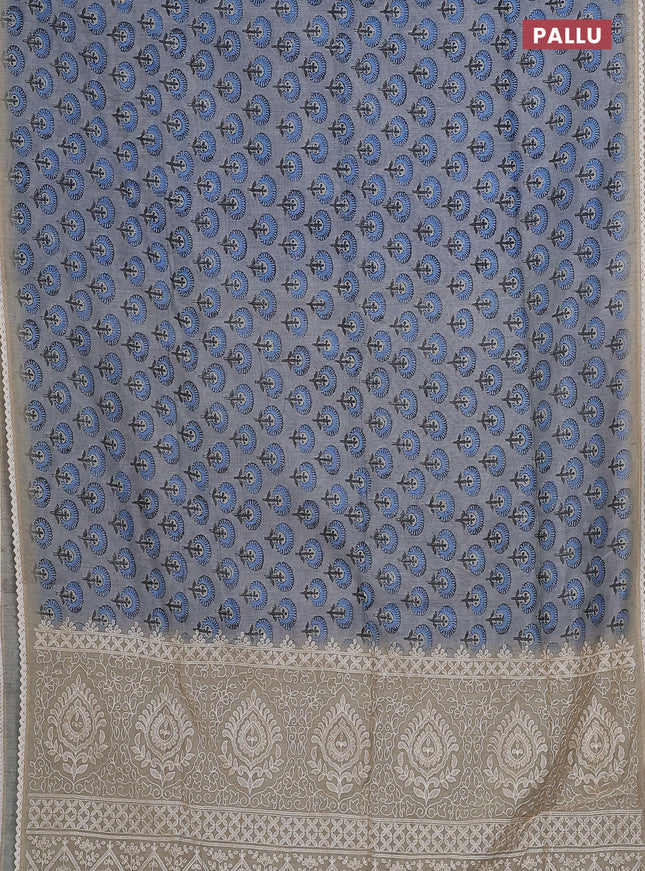 Semi chanderi saree grey blue and beige with floral butta prints and embroidery pallu