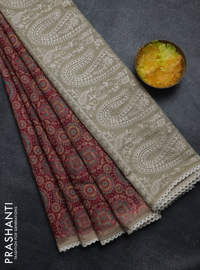 Semi chanderi saree maroon and beige with allover ajrakh prints and embroidery pallu