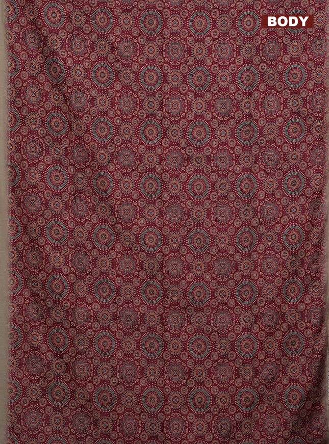 Semi chanderi saree maroon and beige with allover ajrakh prints and embroidery pallu