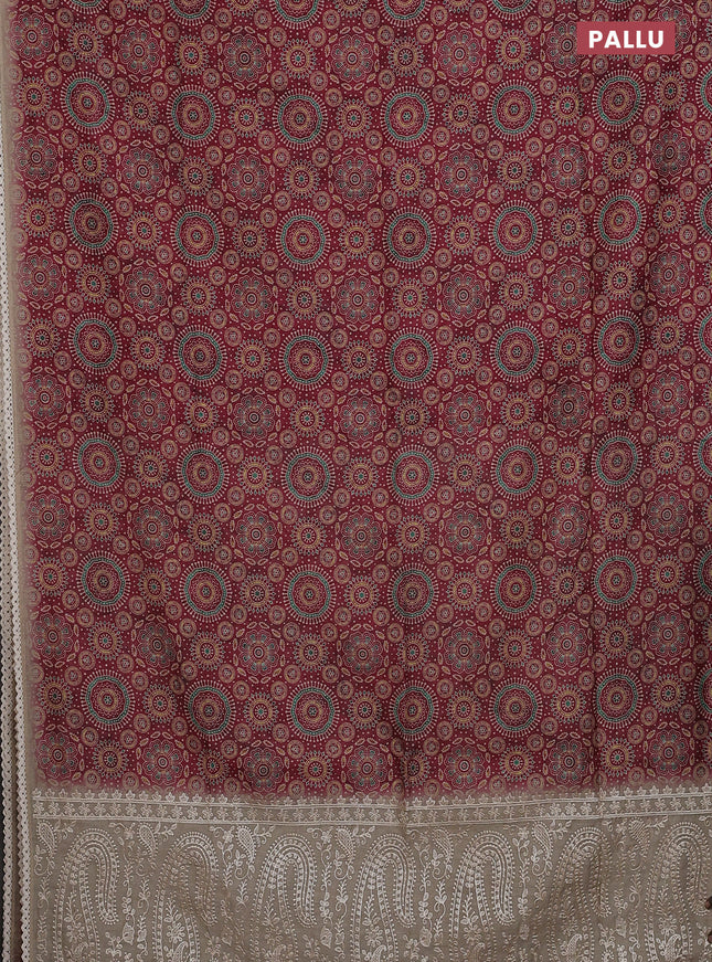 Semi chanderi saree maroon and beige with allover ajrakh prints and embroidery pallu