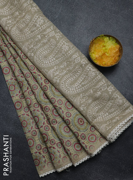 Semi chanderi saree cream and beige with allover ajrakh prints and embroidery pallu