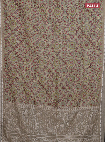 Semi chanderi saree cream and beige with allover ajrakh prints and embroidery pallu